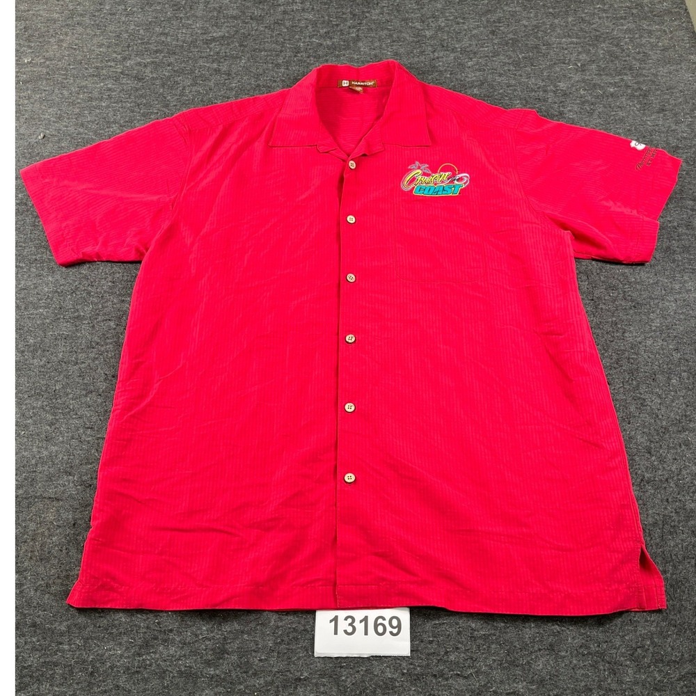 Harriton Button Down Shirt Mens XL Red Excellent Cruisin the Coast Camp Rayon